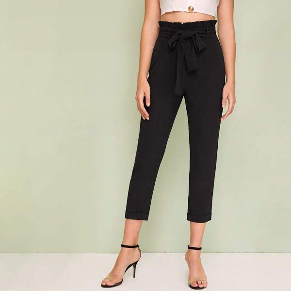 

Solid Paperbag Waist Belted Capris Pants