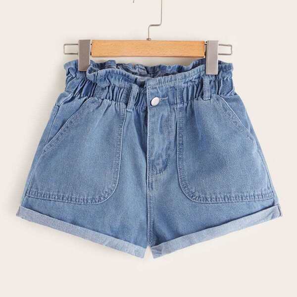 

Paperbag Waist Roll Up Hem Denim Shorts