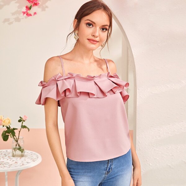 

Solid Cold Shoulder Ruffle Trim Top