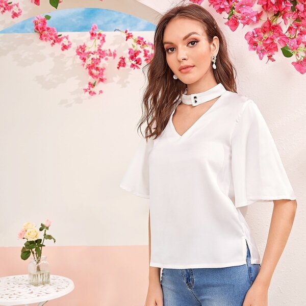 

Flounce Sleeve V-cut Neck Split Hem Satin Top, White