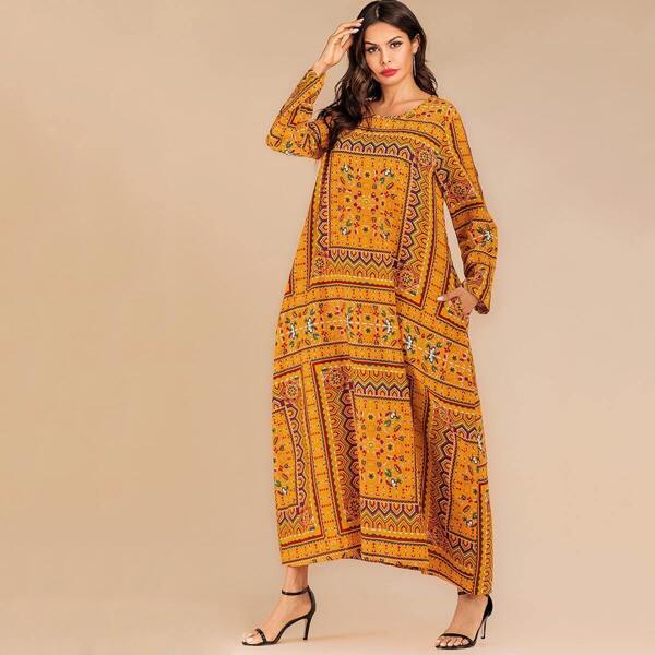 

Graphic Print Hidden Pocket Longline Dress, Yellow