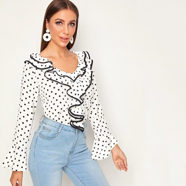 

Polka Dot Contrast Binding Ruffle Trim Blouse