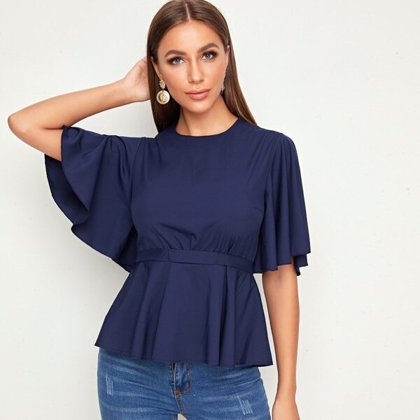 

Self Tie Back Butterfly Sleeve Peplum Blouse, Navy