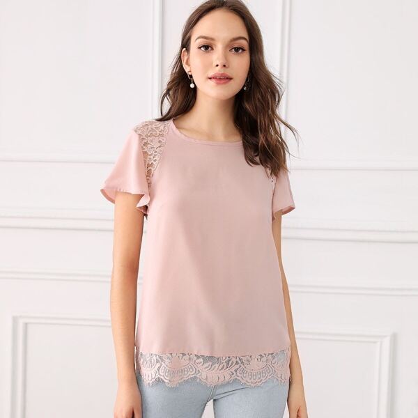 

Lace Contrast Tie Back Blouse