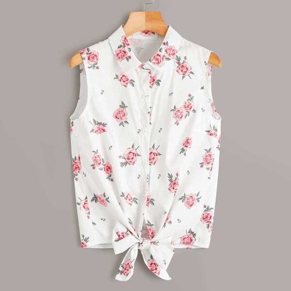 

Floral Print Tie Front Sleeveless Blouse