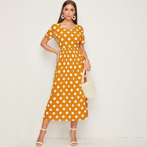 

Polka Dot Plicated Zip Back Dress, Yellow
