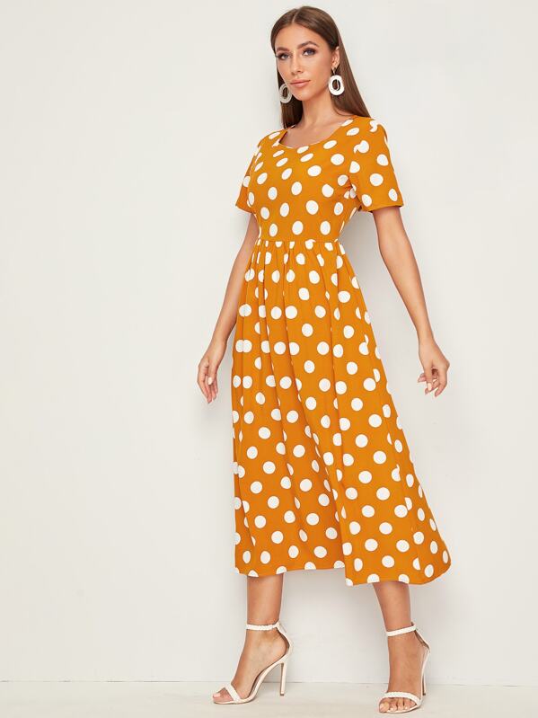 

Polka Dot Plicated Zip Back Dress, Yellow, Hanna