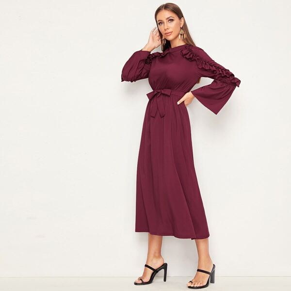 

Ruffle Trim Keyhole Back Belted Dress, Burgundy