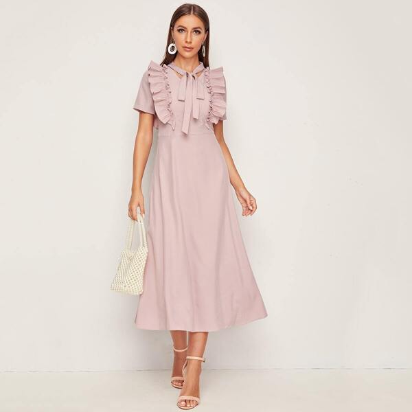

Pleated Ruffle Trim Tie Neck Dress