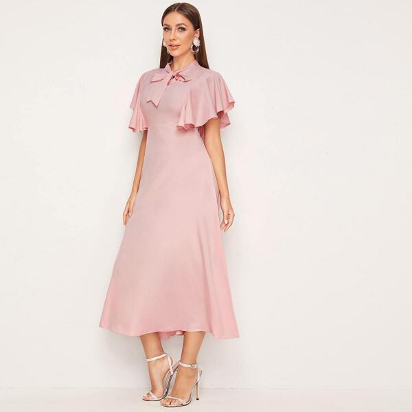 

Solid Butterfly Sleeve Tie Neck Dress, Pink
