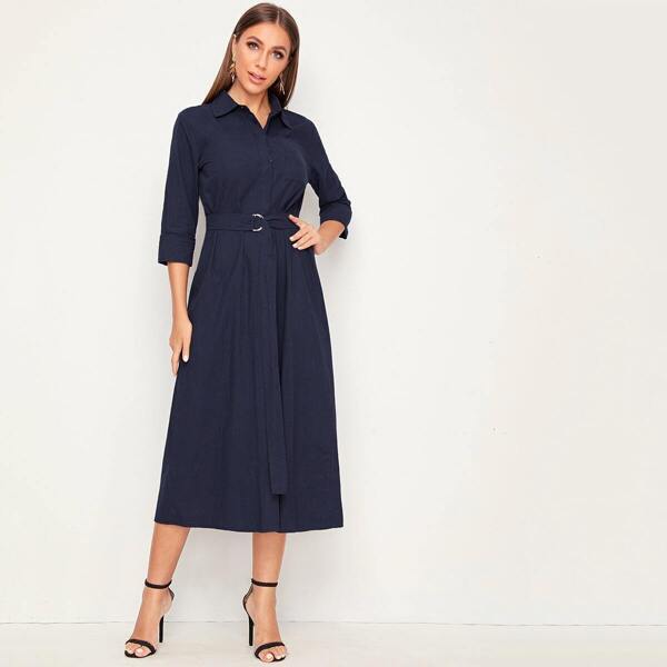 

Solid Pocket Front Belted Shirt Dress, Navy