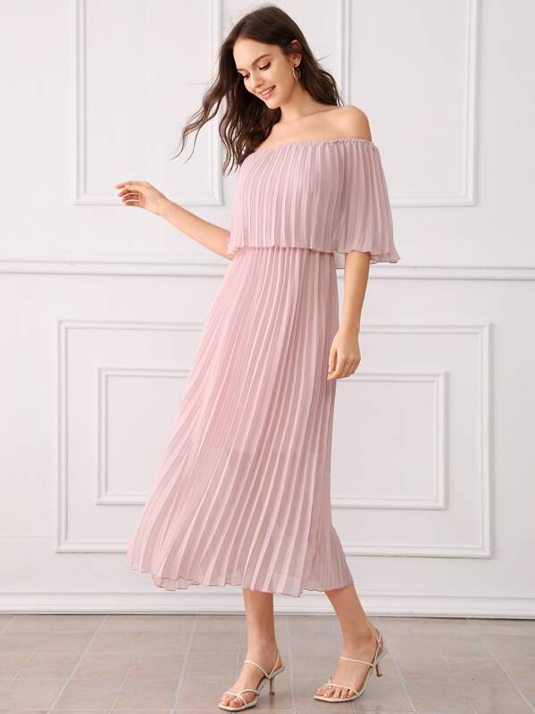 

Pleated Ruffle Trim Off Shoulder Chiffon Dress, Pink, Natalia