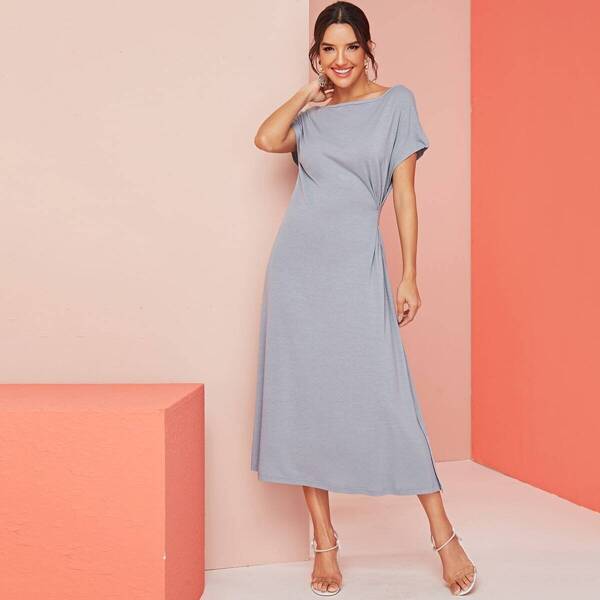 

Solid Ruched Slit Side Dress, Grey