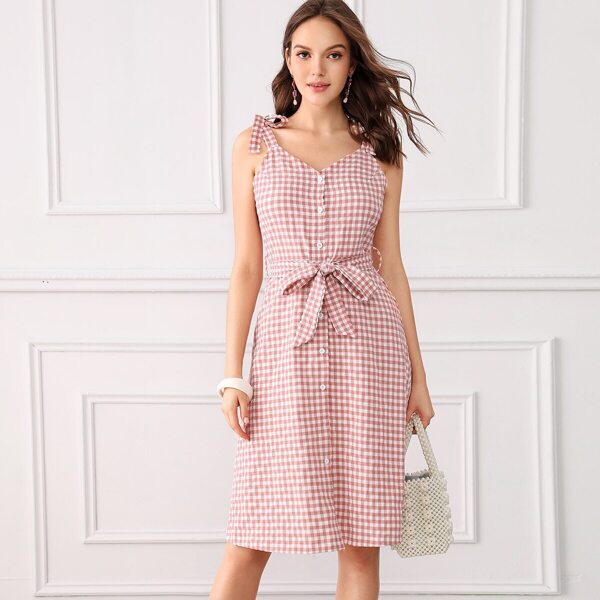 

Gingham Self Tie Shoulder Belted Slip Dress
