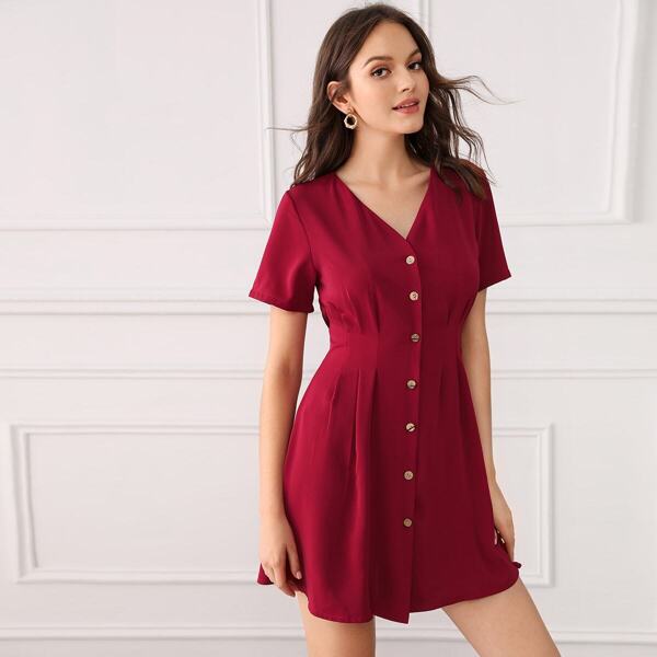 

Plicated Button Front V Neck Dress, Burgundy