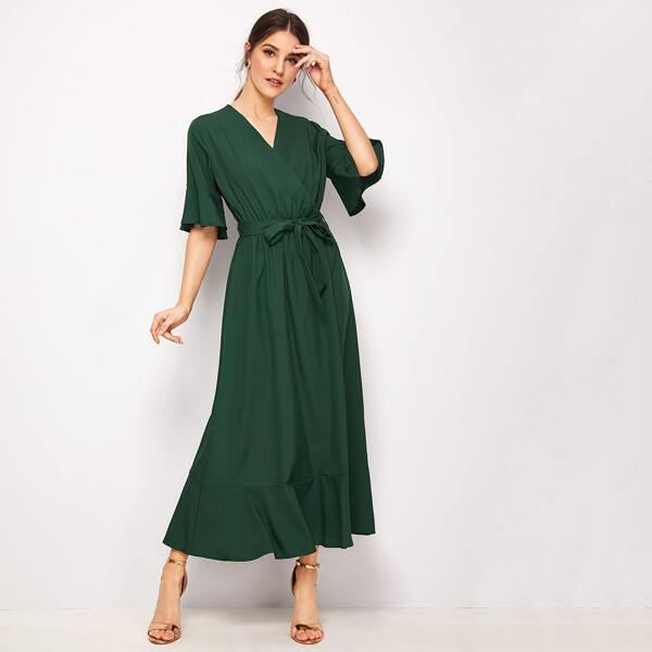 

Surplice Front Ruffle Hem Belted Dress