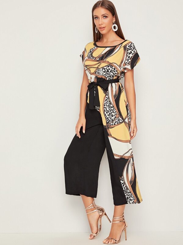 

Scarf Print Contrast Tie Front Jumpsuit, Multicolor