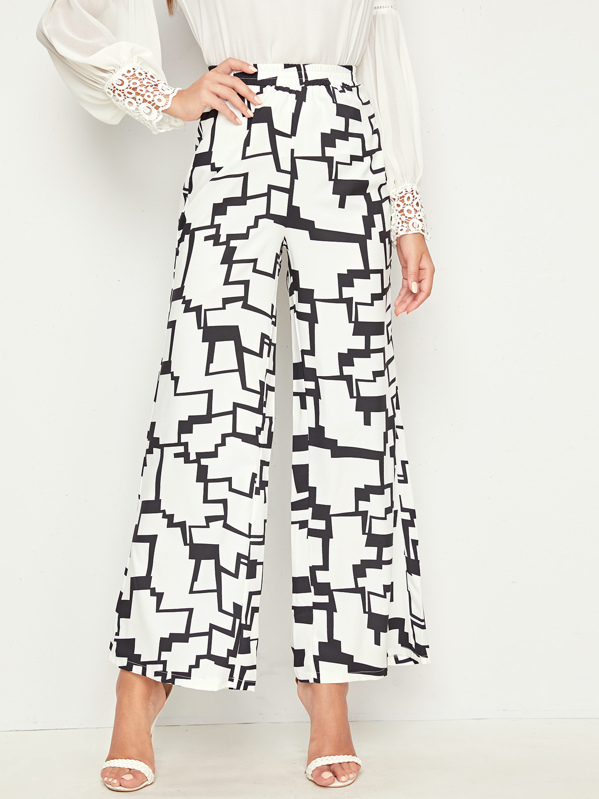 

Geo Print Elastic Waist Pants, White, Hanna
