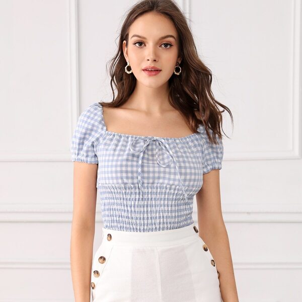 

Gingham Shirred Tie Front Square Neck Top, Blue