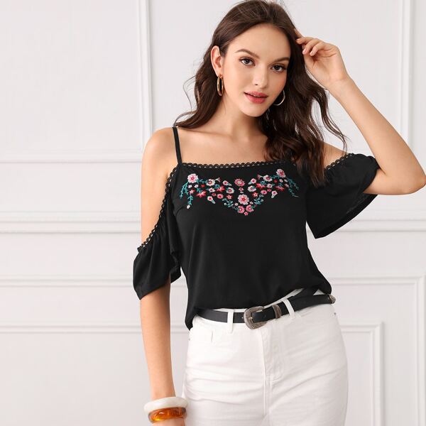 

Flower Embroidery Lace Contrast Cami Top