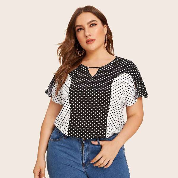 

Plus Colorblock Polka Dot Keyhole Front Blouse, Black and white
