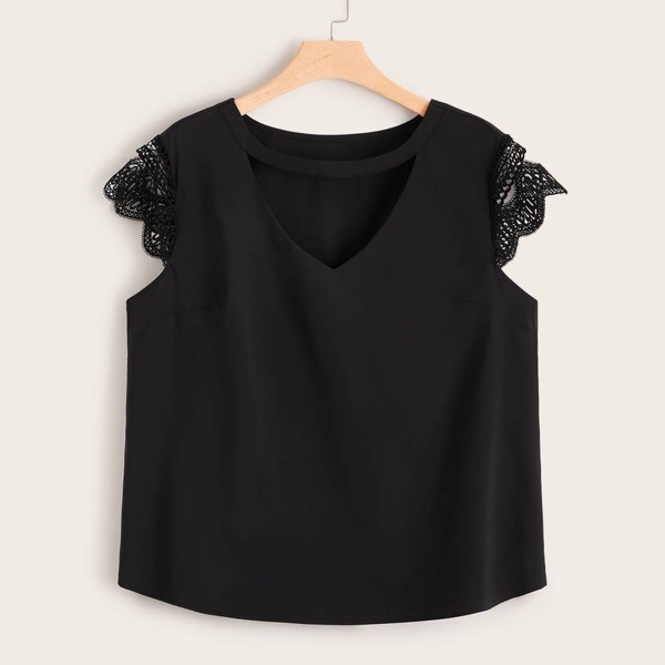 

Plus Contrast Lace Sleeve Keyhole Front Blouse, Black