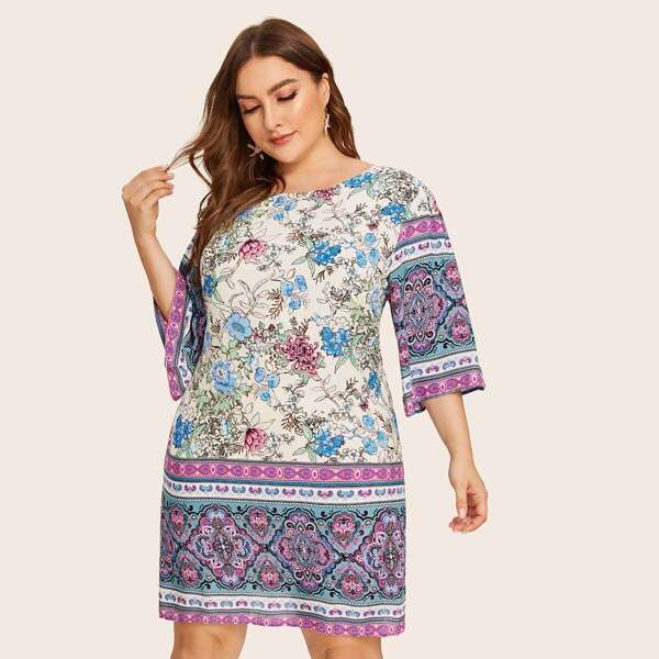 

Plus Floral And Tribal Print Tie Back Dress