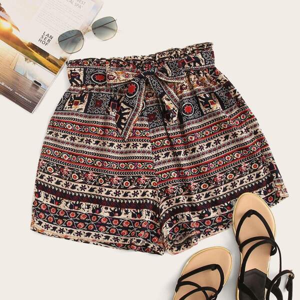 

Plus Tribal Print Self Tie Shorts, Multicolor
