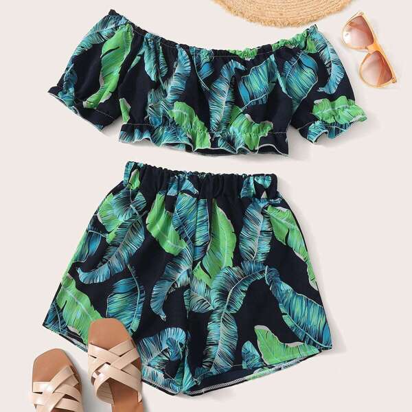 

Plus Palm Tree Print Off Shoulder Frill Top With Shorts, Multicolor