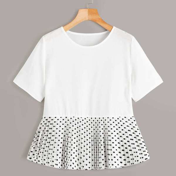 

Contrast Polka Dot Print Hem Blouse