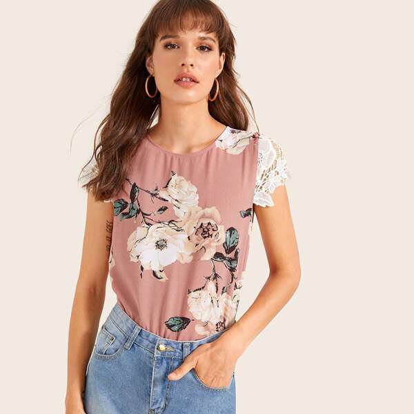 

Contrast Lace Cuff Floral Print Button Keyhole Blouse