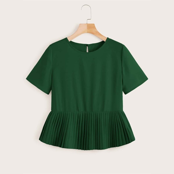 

Solid Button Keyhole Pleated Hem Blouse, Dark green