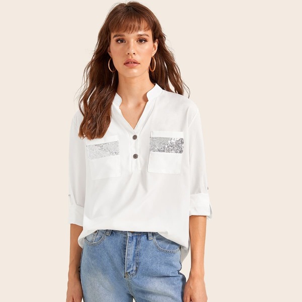 

Roll Up Sleeve Notch Neck Blouse
