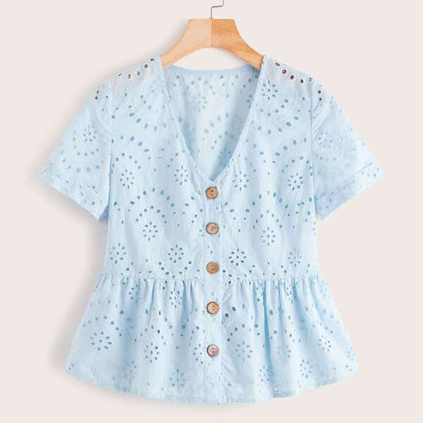 

Button Front Eyelet Embroidery Ruffle Hem Blouse