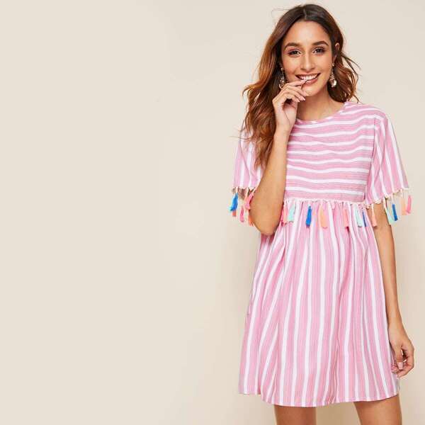 

Striped Print Contrast Fringe Babydoll Dress, Pink