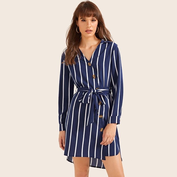 

Striped Print Curved Hem Belted Shirt Dress