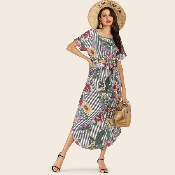 

Floral And Striped Print Belted Curved Hem Dress, Multicolor