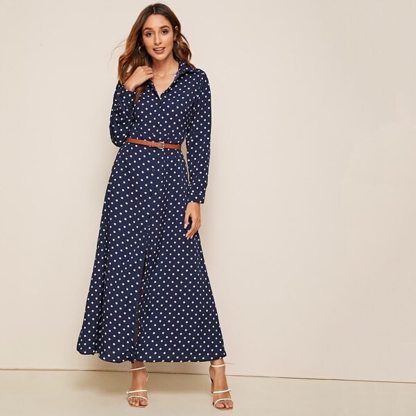 

Polka Dot Print Shirt Dress With Belted, Navy