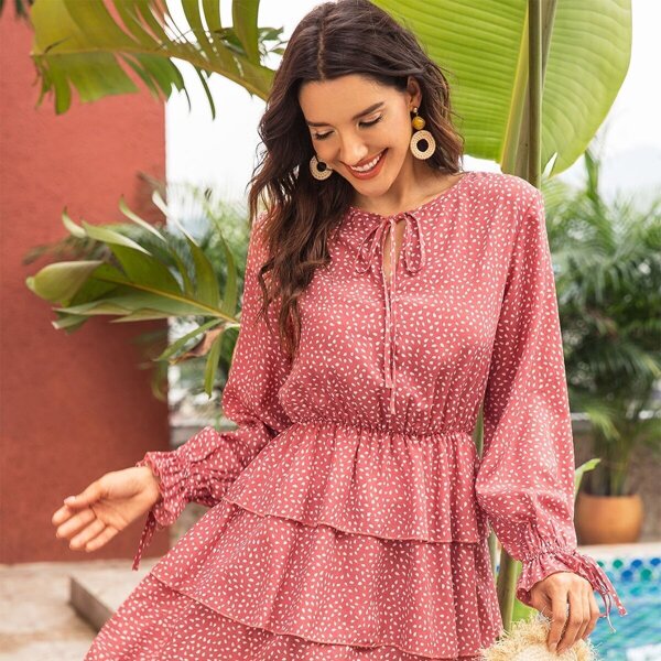

Confetti Print Tiered Layer Hem Dress, Pink