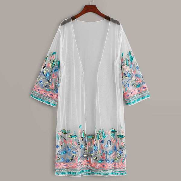 

Floral Embroidered See Through Mesh Kimono