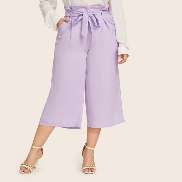 

Plus Wide Leg Paper Bag Waist Belted Pants, Purple