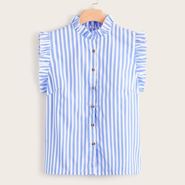 

Plus Striped Button Front Lettuce Frill Blouse