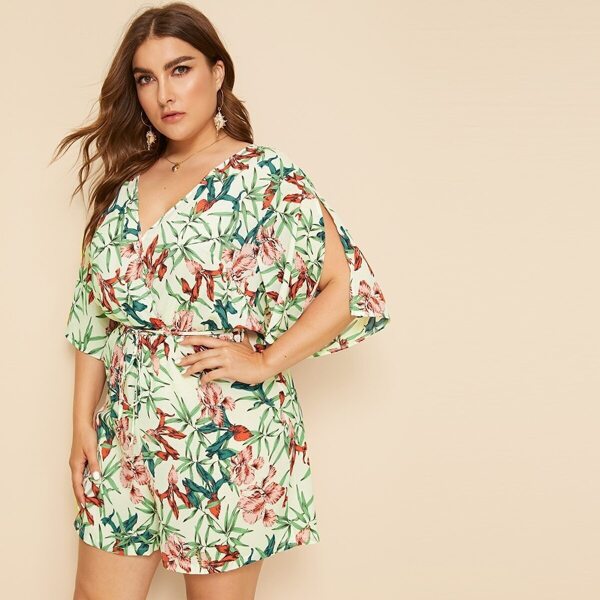 

Plus Floral Print Split Sleeve Keyhole Back Self Tie Romper