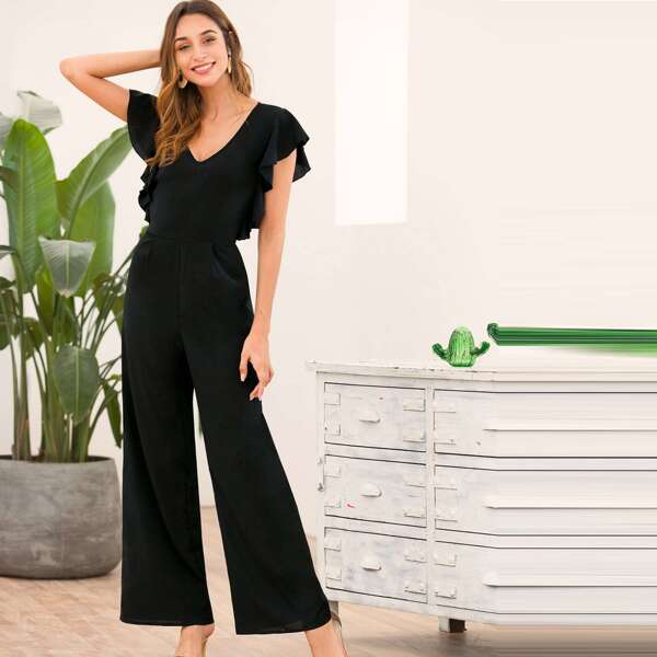 

Ruffle Wide Leg V-neck Jumpsuit