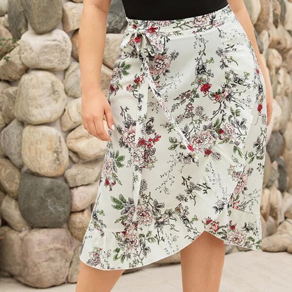 

Plus Floral Print Ruffle Asymmetrical Hem Belted Skirt