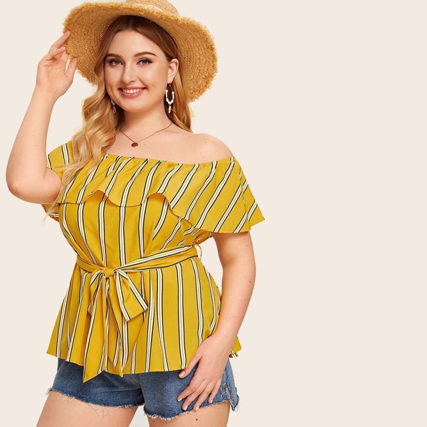 

Plus Off Shoulder Ruffle Striped Belted Top, Yellow