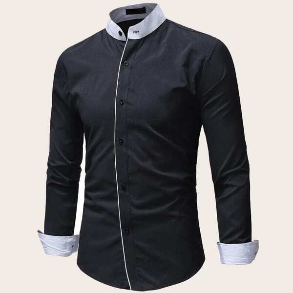 

Men Contrast Collar Button Front Shirt