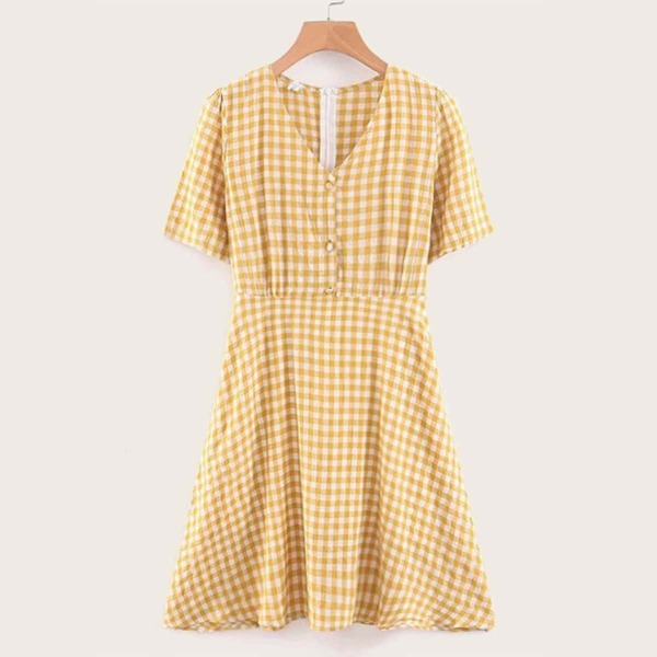 

Gingham Zip Back V-neck Dress