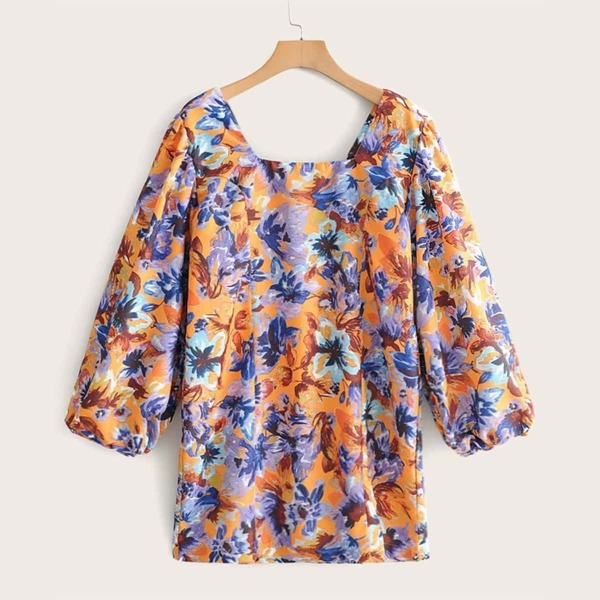 

Allover Floral Print Square Neck Dress