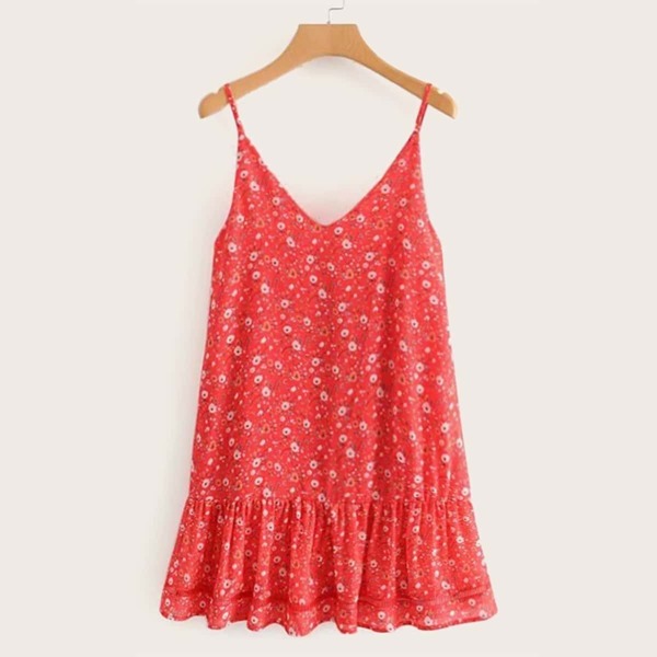 

Ditsy Floral Ruffle Hem Cami Dress, Red
